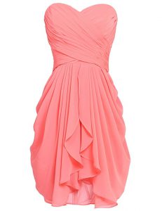 Elegant Watermelon Red Chiffon Lace Up Dress for Prom Sleeveless Knee Length Ruching