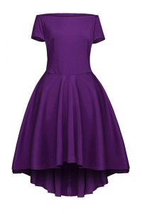 Dramatic A-line Prom Gown Purple Bateau Satin Short Sleeves Tea Length Side Zipper