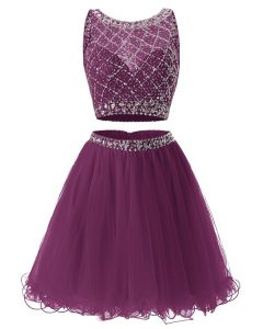 Purple Tulle Side Zipper Prom Evening Gown Sleeveless Mini Length Beading and Belt