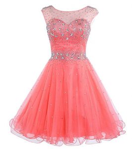 Elegant Scoop Sleeveless Prom Gown Mini Length Beading Watermelon Red Chiffon