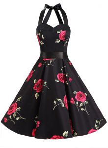 Noble Halter Top Black Sleeveless Sashes ribbons and Pattern Knee Length Dress for Prom