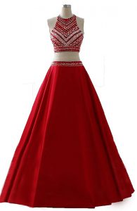 Wine Red A-line Chiffon Scoop Sleeveless Beading Floor Length Zipper Homecoming Dress