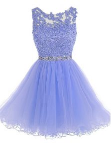 Scoop Lavender Zipper Prom Evening Gown Beading and Lace Sleeveless Knee Length