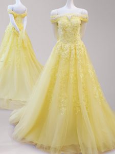 On Sale Off the Shoulder Beading and Appliques Prom Party Dress Yellow Lace Up Cap Sleeves