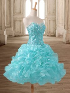 Fantastic Aqua Blue A-line Organza Sweetheart Sleeveless Beading and Ruffles Mini Length Lace Up Homecoming Dress