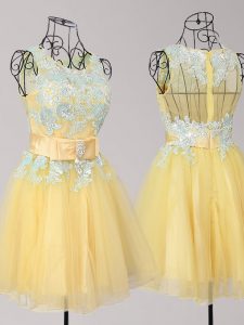 Scoop Sleeveless Tulle Homecoming Dress Appliques and Bowknot Zipper