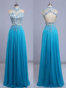 Cap Sleeves Chiffon Floor Length Backless Prom Evening Gown in Baby Blue with Beading and Lace