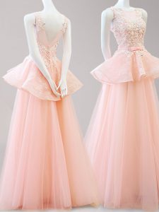 Noble Tulle Scoop Sleeveless Backless Appliques and Belt Prom Gown in Peach