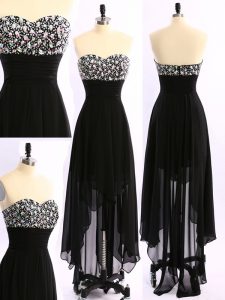 Most Popular Sweetheart Sleeveless Prom Dresses Asymmetrical Beading Black Chiffon
