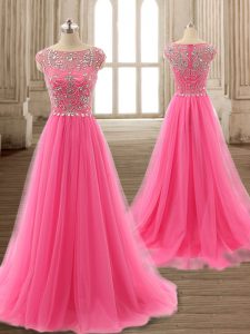 Scoop Rose Pink Cap Sleeves Tulle Brush Train Zipper Prom Party Dress for Prom and Party and Military Ball