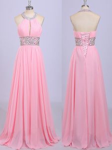 Halter Top Sleeveless Evening Dress Floor Length Beading and Belt Rose Pink Chiffon