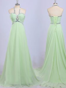 Fabulous Halter Top Chiffon Sleeveless Prom Evening Gown Court Train and Beading