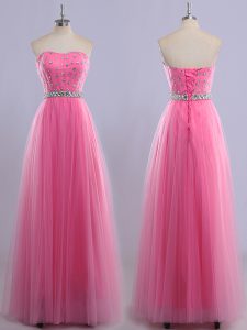 Rose Pink Lace Up Prom Dresses Beading Sleeveless Floor Length