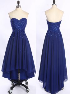 Gorgeous Royal Blue Sleeveless High Low Beading Zipper Evening Dress