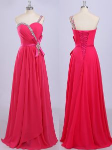 One Shoulder Hot Pink Zipper Prom Party Dress Beading and Belt Sleeveless Floor Length