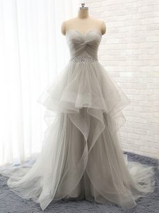 Dazzling Sleeveless Tulle Court Train Lace Up Prom Party Dress in Grey with Beading and Ruffles