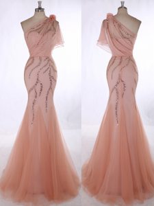 One Shoulder Peach Zipper Prom Gown Beading and Hand Made Flower Sleeveless Brush Train