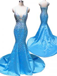 Hot Selling Mermaid With Train Baby Blue Prom Evening Gown Spaghetti Straps Sleeveless Court Train Zipper