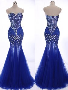 Beautiful Mermaid Royal Blue Tulle Zipper Prom Dress Sleeveless Brush Train Beading