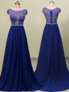Scoop With Train Royal Blue Prom Gown Chiffon Brush Train Cap Sleeves Beading