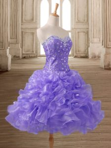 Sweetheart Sleeveless Evening Dress Mini Length Beading and Ruffles Lavender Organza