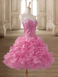 Fashionable Beading and Ruffles Prom Evening Gown Pink Lace Up Sleeveless Mini Length