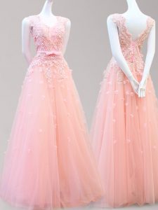 Eye-catching Baby Pink Sleeveless Tulle Lace Up Homecoming Dress for Prom