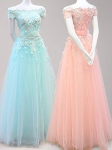 Off the Shoulder Light Blue and Peach Cap Sleeves Tulle Zipper Homecoming Dress for Prom