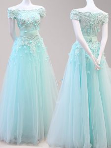 Custom Design Off the Shoulder Floor Length Light Blue Evening Dress Tulle Cap Sleeves Beading and Appliques