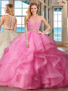 Beading and Ruffles Quinceanera Gown Baby Pink Lace Up Sleeveless With Brush Train