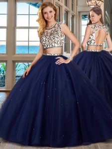 Scoop Navy Blue Cap Sleeves With Train Beading Backless Sweet 16 Dresses