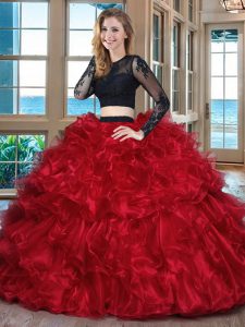 Cute Scoop Black and Red Two Pieces Ruffles Quinceanera Gowns Backless Organza Long Sleeves Floor Length