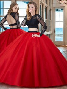 Scoop Long Sleeves Tulle Floor Length Backless 15 Quinceanera Dress in Red with Appliques