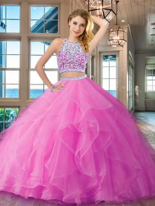 Scoop Sleeveless Backless Floor Length Beading and Ruffles Quinceanera Dresses