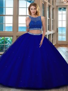Two Pieces 15 Quinceanera Dress Royal Blue Scoop Tulle Sleeveless Floor Length Backless
