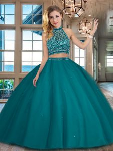 Low Price Teal Two Pieces Halter Top Sleeveless Tulle Floor Length Backless Beading Sweet 16 Quinceanera Dress