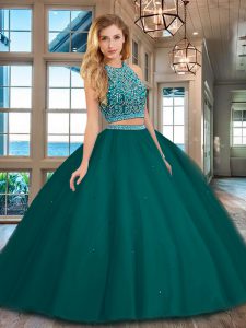 Comfortable Dark Green Backless Scoop Beading Quinceanera Dresses Tulle Sleeveless