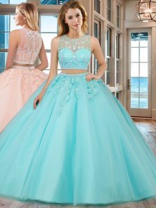 Aqua Blue Two Pieces Scoop Sleeveless Tulle Floor Length Zipper Beading and Appliques Quinceanera Dress