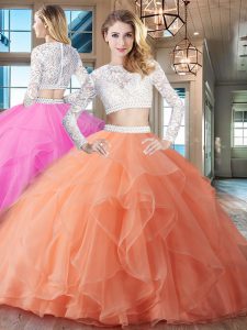 Brush Train Two Pieces Ball Gown Prom Dress Orange Scoop Organza Long Sleeves Zipper