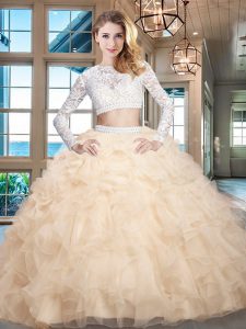 Fancy Scoop Floor Length Two Pieces Long Sleeves Champagne Quinceanera Dresses Zipper