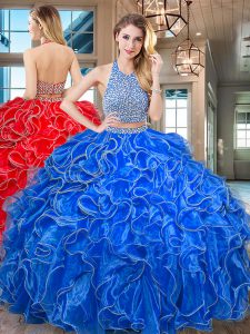 Halter Top Sleeveless Beading and Ruffled Layers Backless Ball Gown Prom Dress