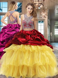 Customized Scoop Sleeveless With Train Beading and Ruffled Layers and Pick Ups Criss Cross Vestidos de Quinceanera with 