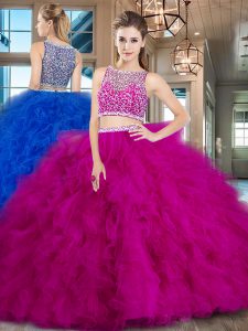 Sleeveless With Train Beading and Ruffles Side Zipper Quince Ball Gowns with Fuchsia Brush Train