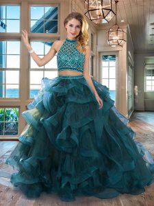 Flare Teal Quinceanera Gowns Military Ball and Sweet 16 and Quinceanera and For with Beading and Ruffles Halter Top Slee
