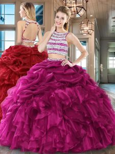 Scoop Fuchsia Two Pieces Beading and Ruffles and Pick Ups Quinceanera Gown Backless Organza Sleeveless Floor Length