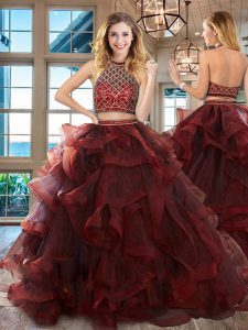 Burgundy Halter Top Neckline Beading and Ruffles Quinceanera Gown Sleeveless Backless