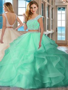 Sumptuous Scoop Backless Apple Green Cap Sleeves Beading and Ruffles Floor Length Quinceanera Dress