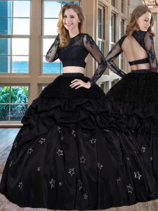 Two Pieces 15th Birthday Dress Black Scoop Taffeta Long Sleeves Floor Length Backless