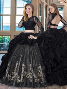 Dazzling Scoop Long Sleeves With Train Embroidery and Pick Ups Backless Ball Gown Prom Dress with Black Brush Train