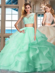 Classical Cap Sleeves Tulle Floor Length Zipper Quinceanera Dress in Apple Green with Appliques and Ruffles